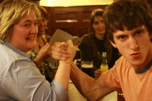 Intense Pub arm-wrestling at the Lamb & Flag.